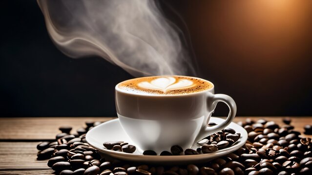 Ce caf&eacute; fumant avec sa cr&egrave;me finement d&eacute;cor&eacute;e et ses grains de caf&eacute; &eacute;parpill&eacute; sur la table en bois va &ecirc;tre d&eacute;gust&eacute; par un gourmand aimant le caf&eacute; cr&egrave;me brun et chaud en boisson au petit d&eacute;jeuner.