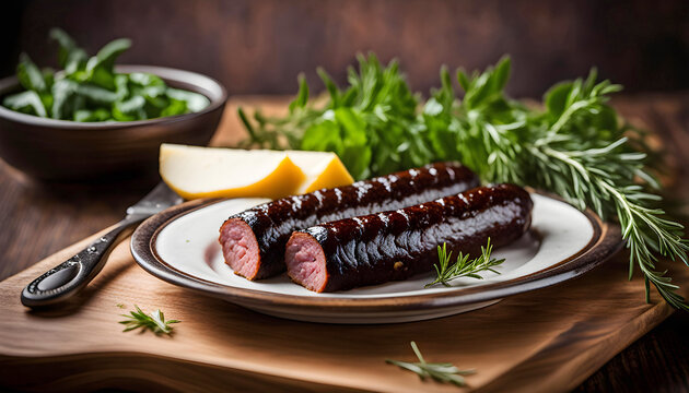 Delicious Spanish morcilla sausage in a dish with herbs and cheese on a wooden table in the kitchen, delicious gourmet food, homemade cooking recipes,
