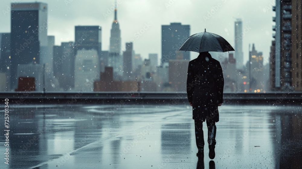 Poster a person walking in the rain with an umbrella. suitable for various rainy day concepts