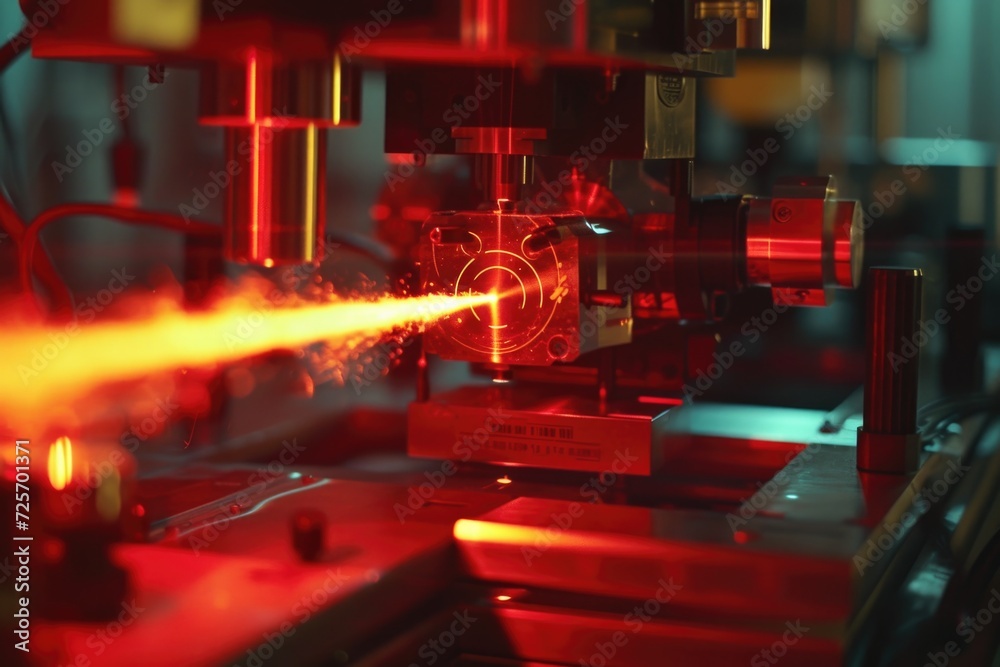 Poster a picture of a machine emitting a bright red light. can be used to symbolize power, energy, technolo