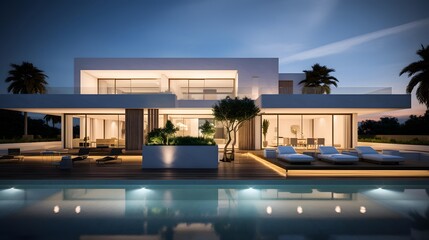 Luxury modern house with swimming pool at night. Nobody inside