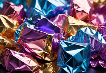 Abstract background made of crumpled foil, Reflection of multicolors with mirror shine and refractions,