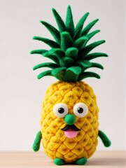 Photo Of A Needle-Felted Cartoon Pineapple Character Isolated On A White Background