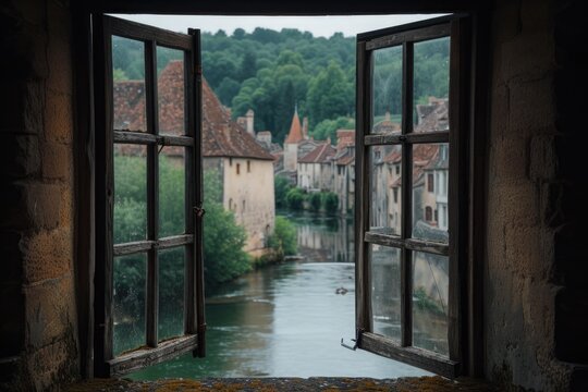 A picture of an open window with a beautiful view of a river. Perfect for adding a touch of serenity to any project