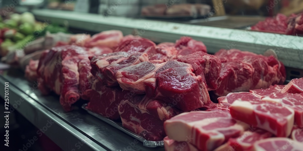 Poster Various cuts of meat arranged on a counter. Suitable for use in food-related projects