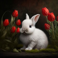 Obraz premium White Rabbit Amongst Vivid Red Tulips