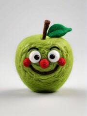 Photo Of A Needle-Felted Cartoon Apple Character Isolated On A White Background