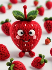 Photo Of A Needle-Felted Cartoon Strawberry Character Isolated On A White Background