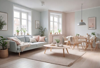 Fototapeta premium Cozy small studio apartment in Scandinavian style with stylish design with large window, living room, kitchen space and cozy bed, hygge stylish design concept,