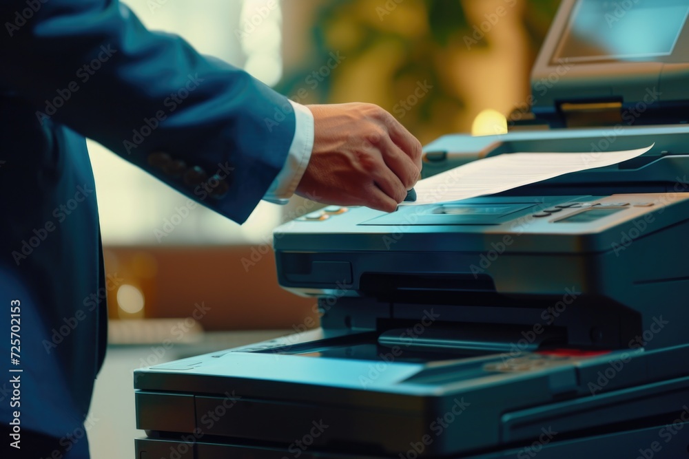 Aufkleber A man in a suit is putting a piece of paper into a printer. This image can be used to illustrate office work or technology-related concepts