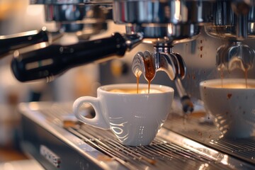 A cup of coffee being poured into a coffee machine. Perfect for illustrating the process of making coffee. Can be used in advertisements, blogs, or articles about coffee preparation