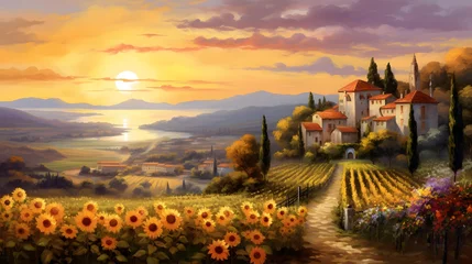 Photo sur Plexiglas Toscane Landscape with sunflowers and village in Tuscany, Italy