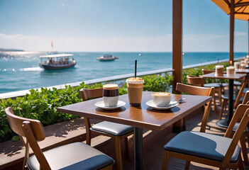 Fototapeta premium Outdoor cafe on the street, coffee with food on the table for lunch on the sea promenade, breakfast with coffee in a cafe,
