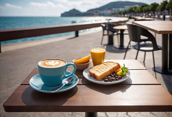 Outdoor cafe on the street, coffee with food on the table for lunch on the sea promenade, breakfast with coffee in a cafe,