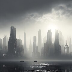 Foggy cityscape with buildings and skyscrapers. 3D rendering