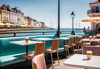 Fototapeta premium Outdoor cafe on the street, coffee with food on the table for lunch on the sea promenade, breakfast with coffee in a cafe,