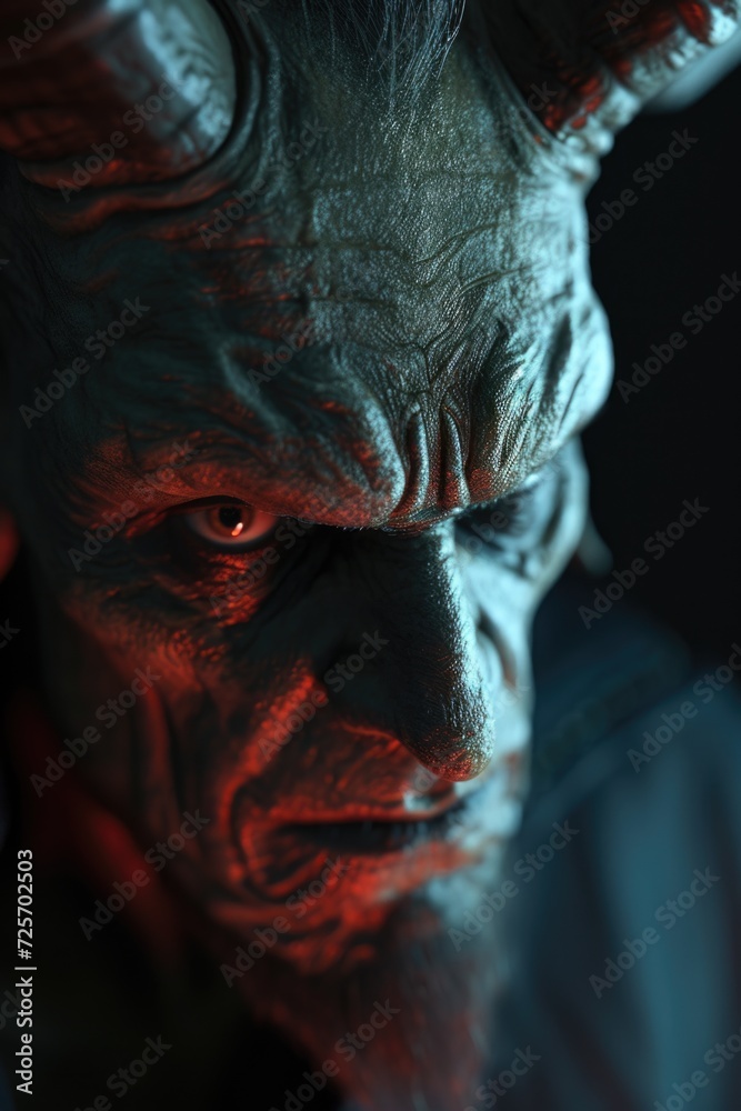 Poster A close-up view of a demon with intense red eyes. This image can be used to create a chilling and eerie atmosphere in various projects