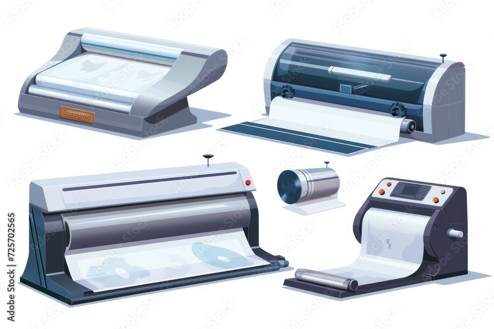 Poster A collection of four different types of printing machines. Perfect for showcasing the variety of printing technologies available. Ideal for promotional materials or educational resources