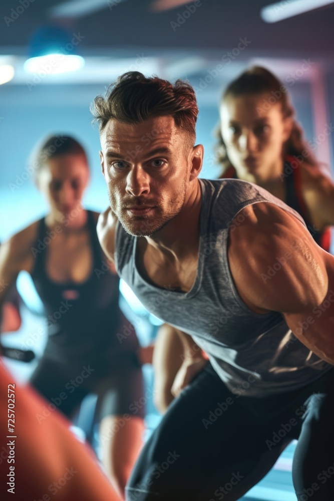 Poster a group of people are engaged in a gym workout, specifically doing push ups. this image can be used 