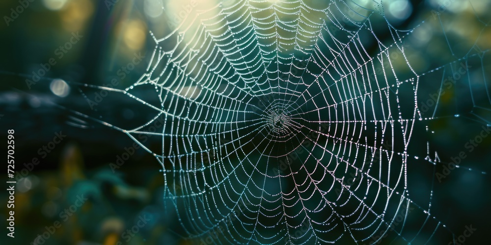 Poster A captivating image of a spider web adorned with sparkling water droplets. Perfect for adding a touch of nature's beauty to any project