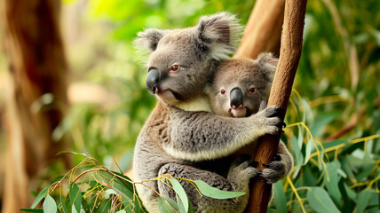 Two koalas communicate with each other on bamboo