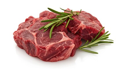 A pile of raw meat with a sprig of rosemary. Can be used for cooking or food preparation