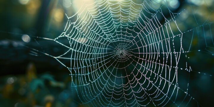 A captivating image of a spider web adorned with sparkling water droplets. Perfect for adding a touch of nature's beauty to any project