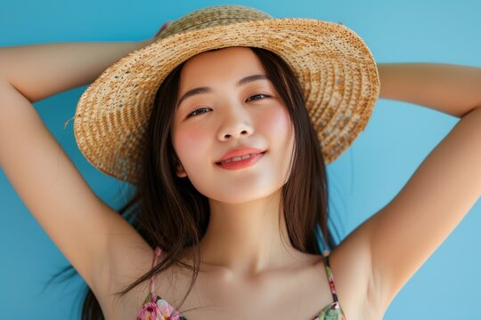 A woman wearing a straw hat posing for a picture. Suitable for various uses
