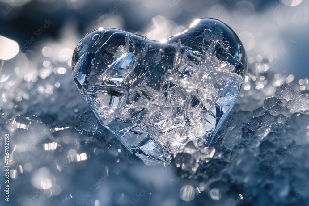 Poster a heart-shaped piece of ice resting on a snowy surface. this image can be used to represent love, wi