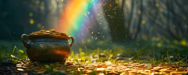 Foto op Canvas Gold pot full of coins and rainbow on dark magic forest. Fantasy fairy tail background. St. Patrick's day holiday symbol. Template for design card, invitation, banner © ratatosk