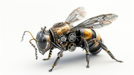 A close-up view of a metal bee sculpture. This unique and detailed artwork can be a great addition to any nature-themed design or used to symbolize hard work and industriousness