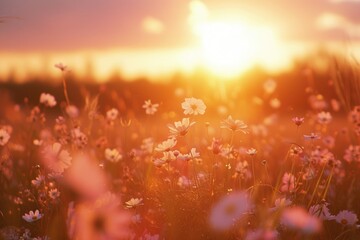 A beautiful sunset over a field of vibrant flowers. Perfect for nature lovers and those seeking a peaceful, scenic backdrop