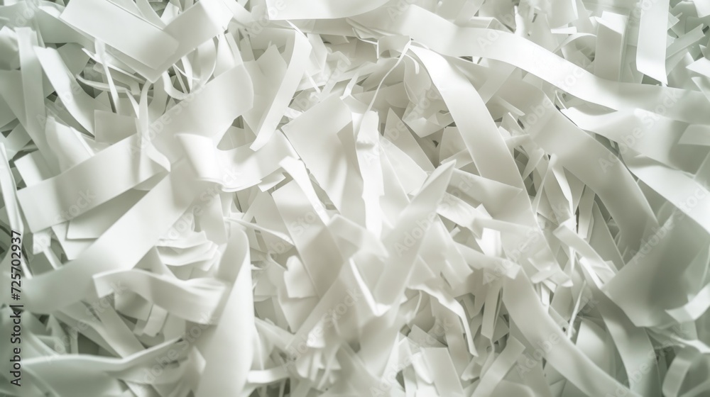 Poster Shredded white paper piled up on a table. Suitable for various creative projects
