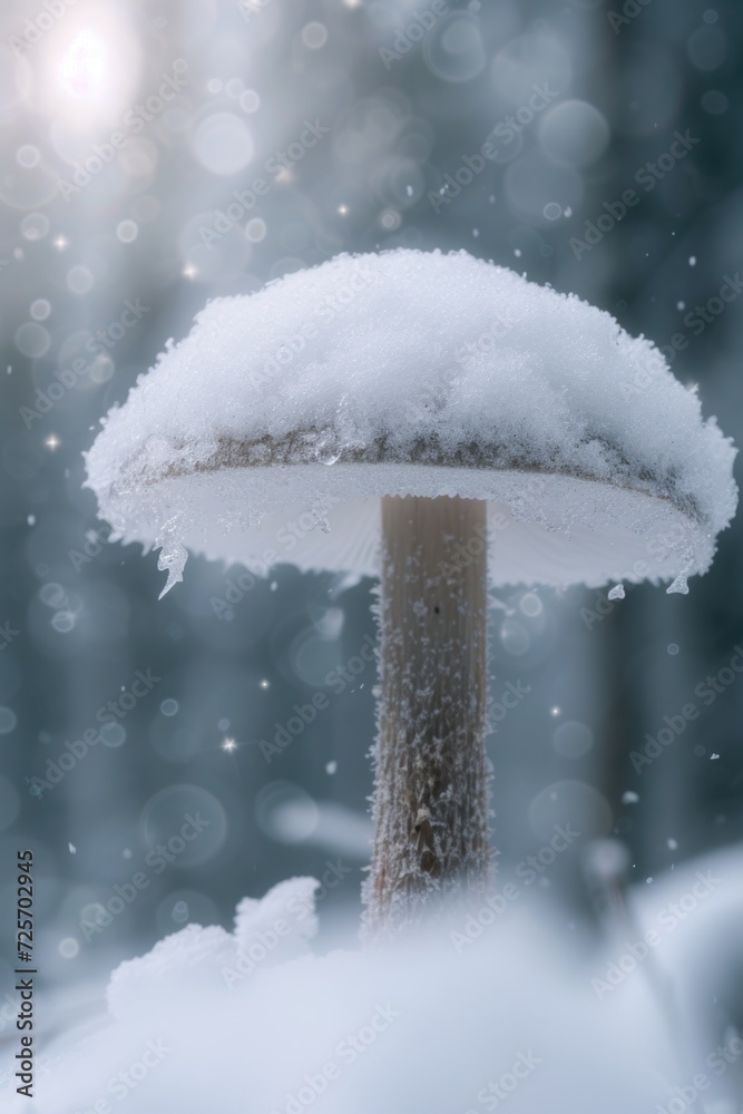 Poster a mushroom covered in snow in a serene woodland setting. suitable for nature-themed projects or wint