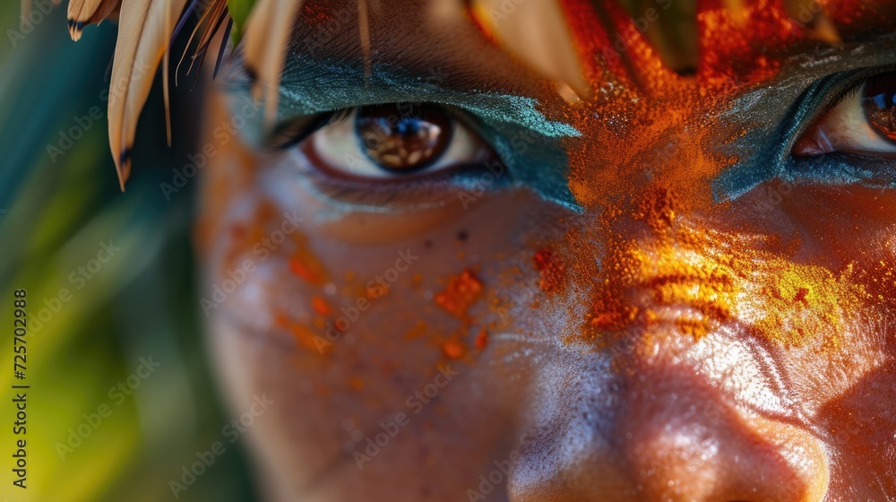 Poster A detailed close up of a person with face paint. This image can be used for various creative projects