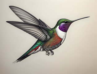 fliegender Kolibri mit lila Halsfedern - obrazy, fototapety, plakaty