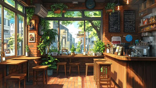 Green Cafe vibes in the morning. smooth looping 4k time-lapse animation video background