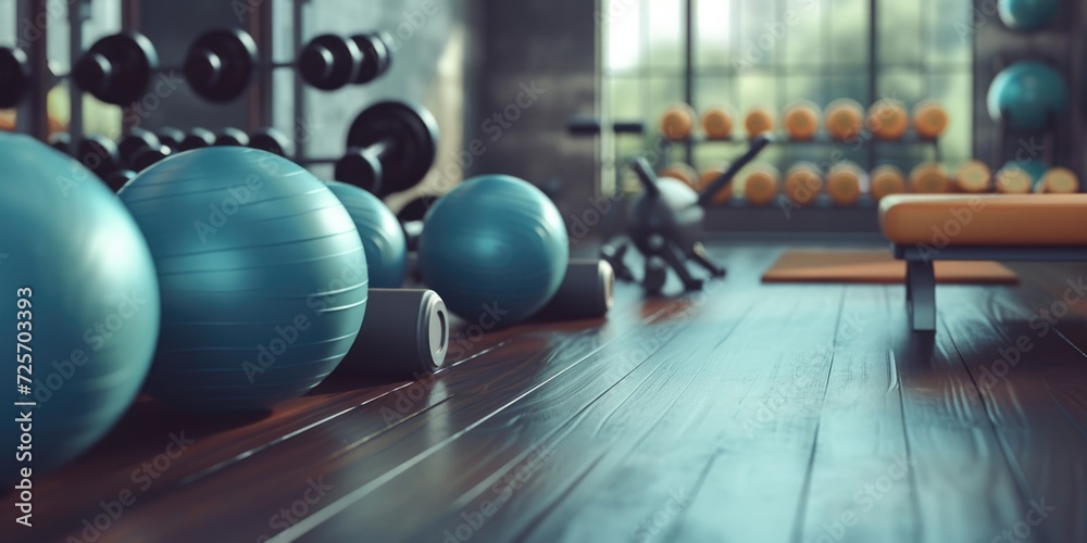 Poster exercise balls and a bench in a gym. perfect for fitness and workout concepts
