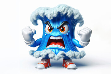 Fototapeta premium Angry tsunami 3d character isolated on solid white background. ai generative