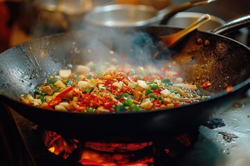 A wok filled with a variety of delicious food, simmering on top of a stove. Perfect for cooking and culinary concepts