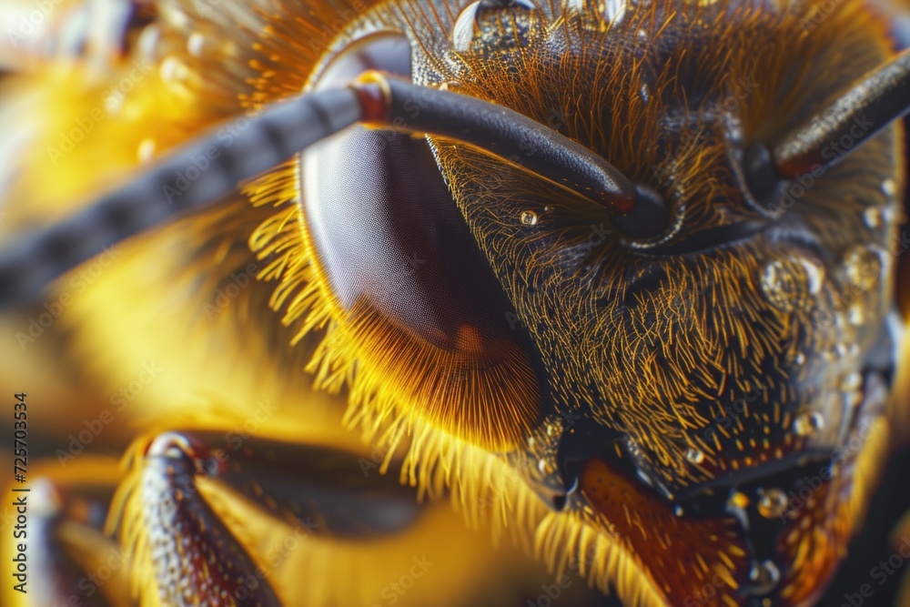 Poster a detailed close up view of a bee's face. this image can be used for educational purposes or to show