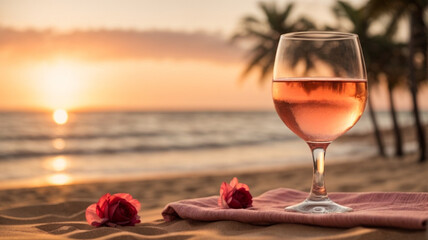 Rose wine glass on a beach towel, with a blurred background of a palm trees on beach scene, copy space - obrazy, fototapety, plakaty