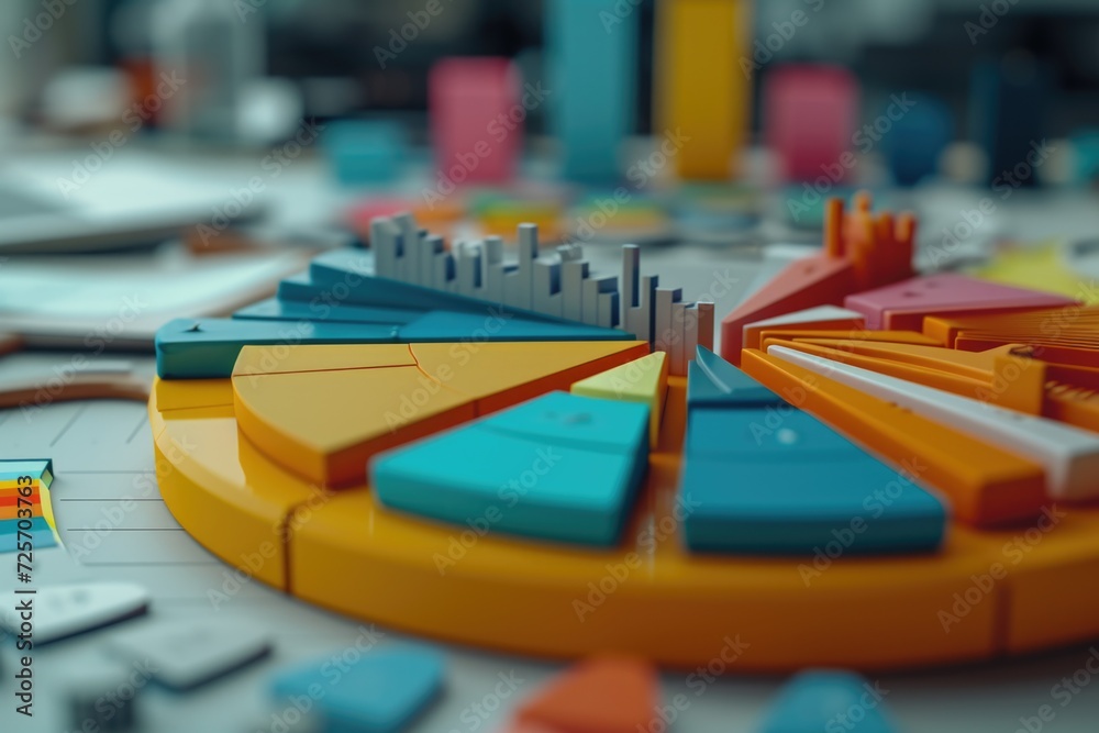 Leinwandbilder a close-up view of a toy pie chart placed on a table. this image can be used to represent data analy