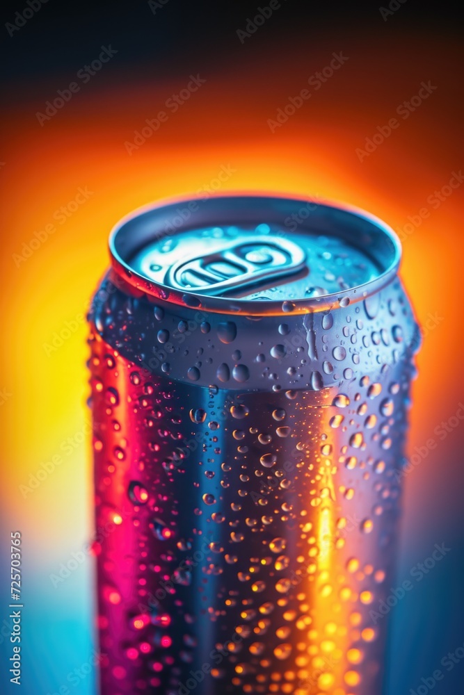 Wall mural A detailed close-up view of a can of soda. This image can be used to showcase refreshing beverages or as a concept of relaxation and enjoyment