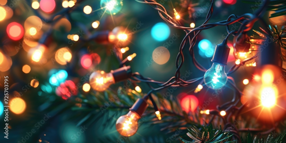 Poster A close-up view of a bunch of lights on a tree. This image can be used to add a festive touch to holiday-themed designs