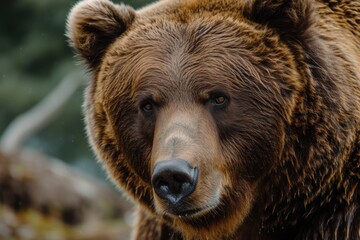 A close up view of a bear's face with trees in the background. Perfect for nature enthusiasts or wildlife lovers