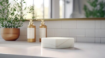3D rendering of liquid soap packaging bottles in a modern clean bathroom, without labels for mock up template purposes.