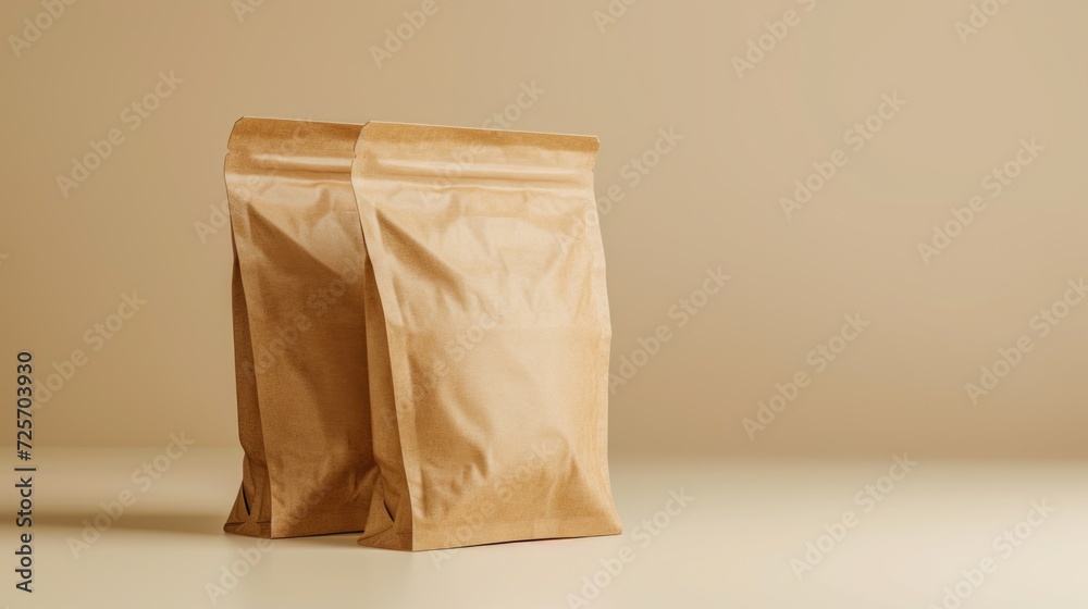 Poster a brown paper bag sitting on top of a table. suitable for various uses
