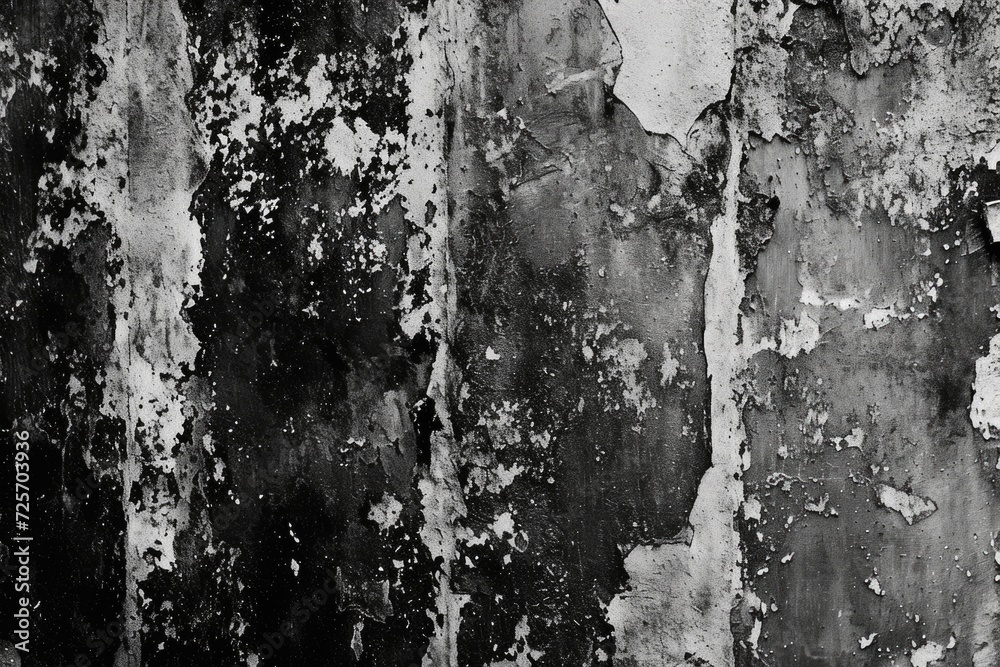 Poster a black and white photo capturing the texture and decay of peeling paint on a wall. perfect for addi