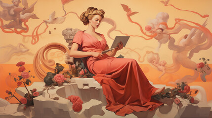 Przepiękna kobieta wśród skał i kwiatów. Romantyczny abstrakcyjny portret samotnej damy. Emocje - zaduma i zamyślenie. 